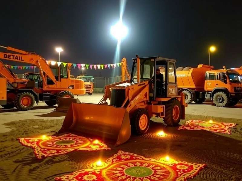 Diwali Event in Betalbatim Bulldozers Betalbatim Bulldozers Diwali event showing a construction site decorated with diyas and rangoli